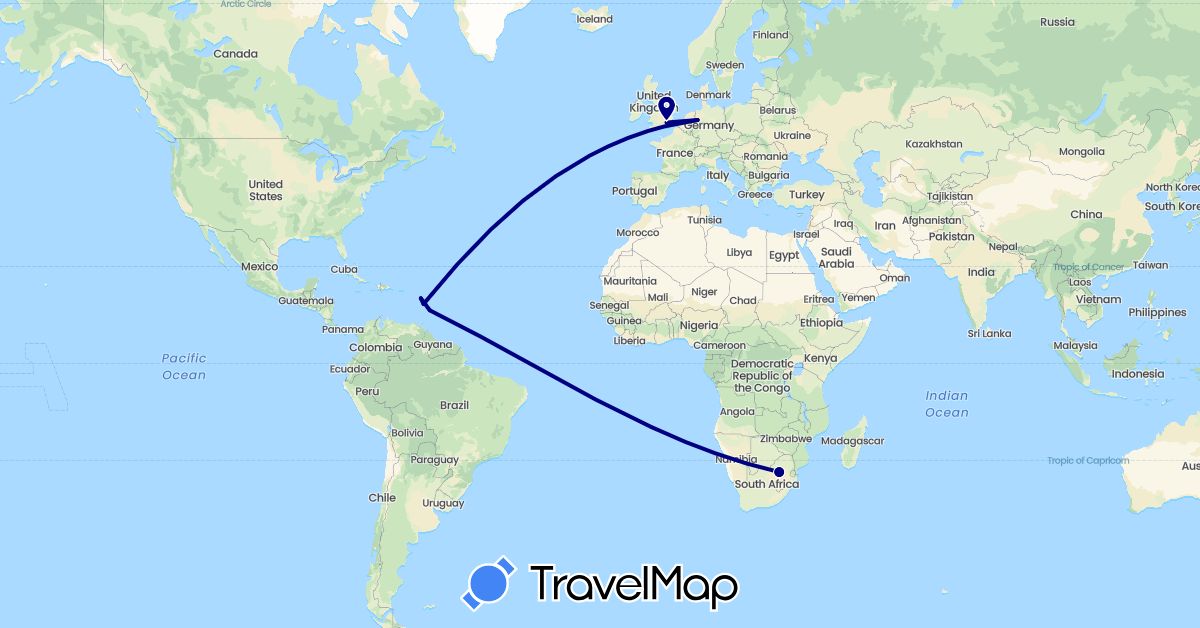 TravelMap itinerary: driving in Barbados, Germany, France, United Kingdom, South Africa (Africa, Europe, North America)